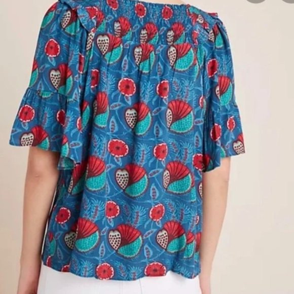 ANTHROPOLOGIE Maeve Blue Red Abstract Poppy Floral Flutter Letitia Sleeve Top - - Picture 2 of 10